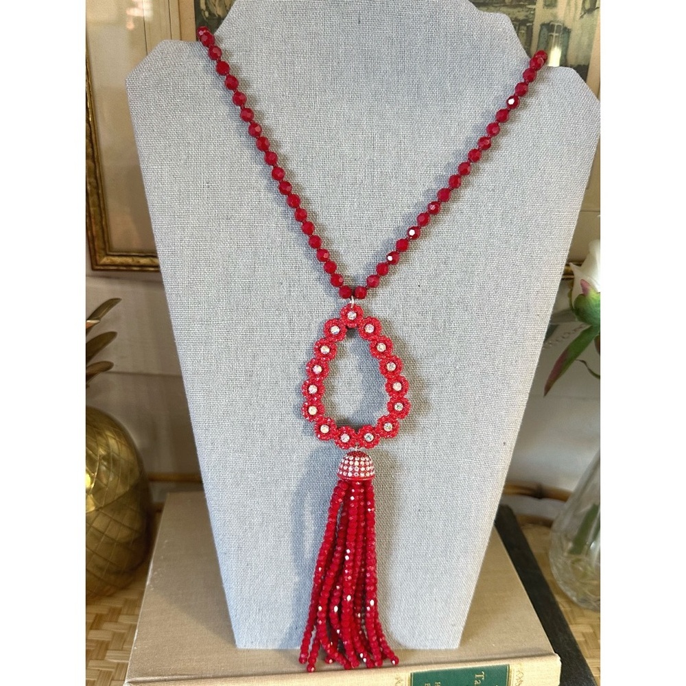 Red Rhinestone beaded necklace with a teardrop-shaped pendant and Beaded tassels